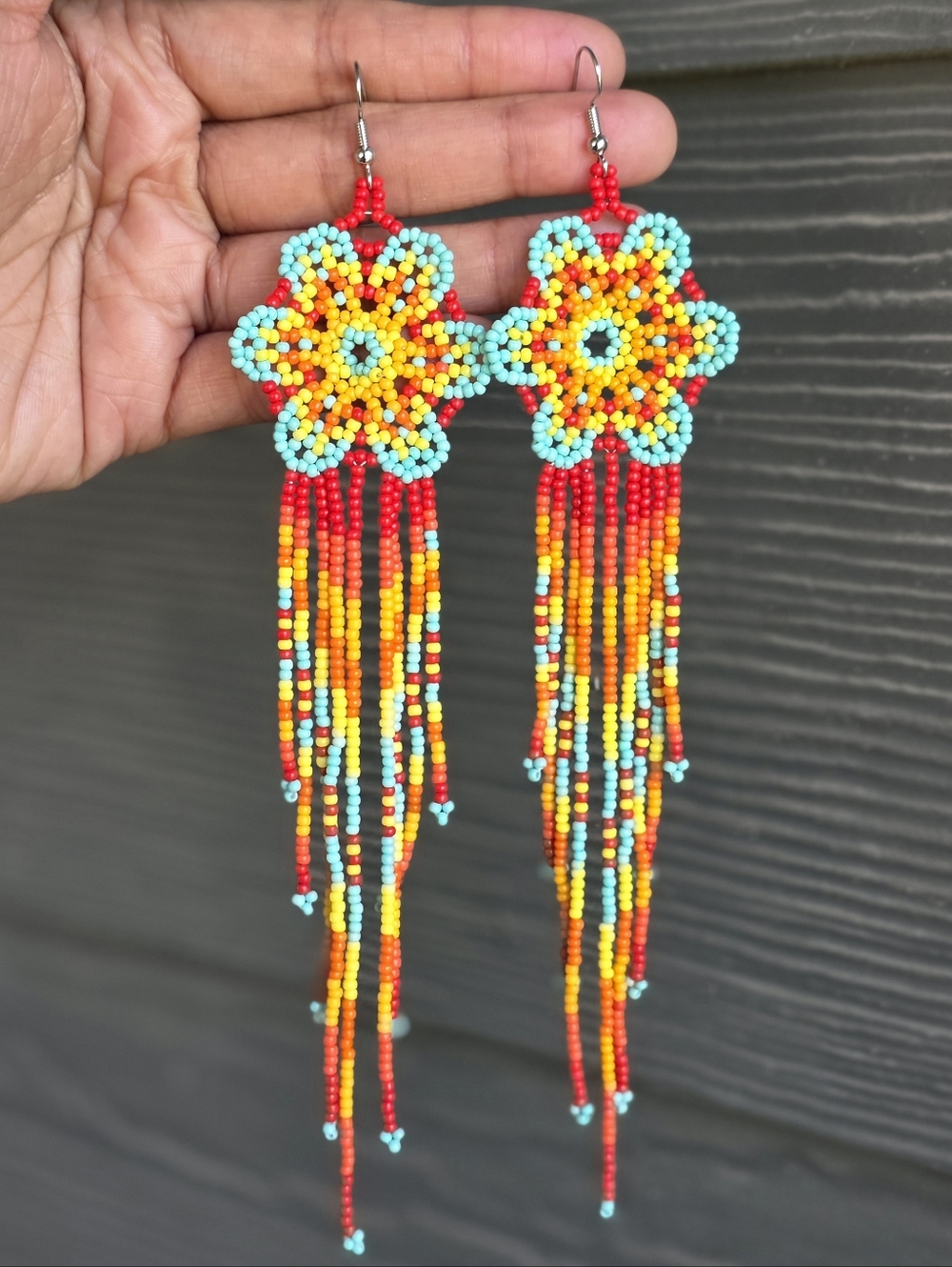 Fiery Haze Floral Boho Earrings Beaded Fringe Handmade Jewelry Boheme